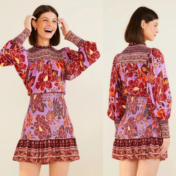 Farm Rio Dress Womens Large Purple Sweet Floral Mini Smocked Puff Sleeve‎ Boho - Picture 2 of 15